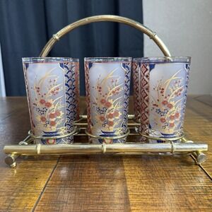 MCM Culver Imari Asian Highball Liquor Glasses 22k Gold w/Bamboo Caddy Set Of 6
